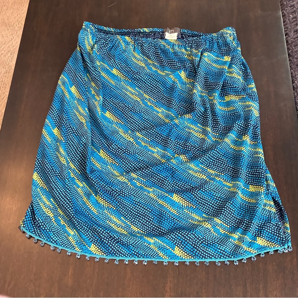 Blue, Black and Chartreuse dot Maternity Mini Skirt with beaded hem